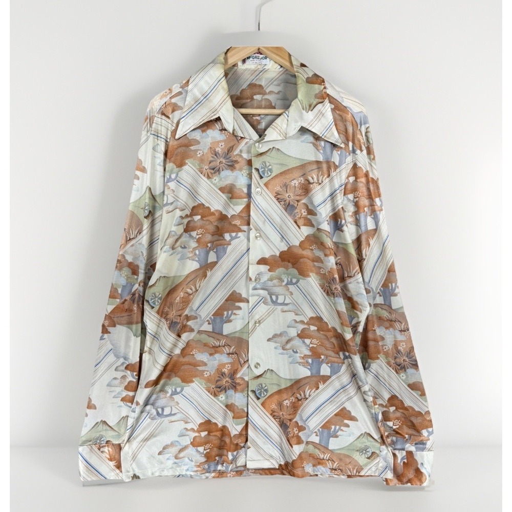 Vtg 70s McGregor Scenic Novelty Print Disco Shirt Dagger Collar Landscape XL 17